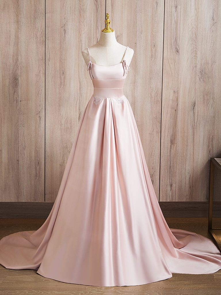 A-Line Satin Pink Long Prom Dress, Pink Long Formal Dress