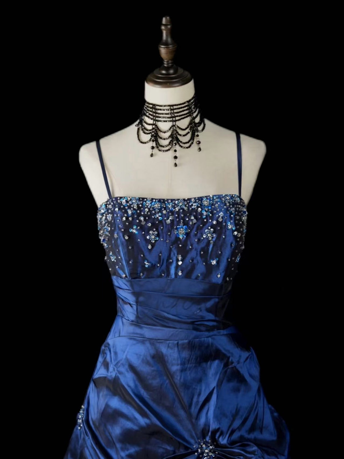 A-line Taffeta Dark Blue Satin Ruched Long Prom Dress with Beaded