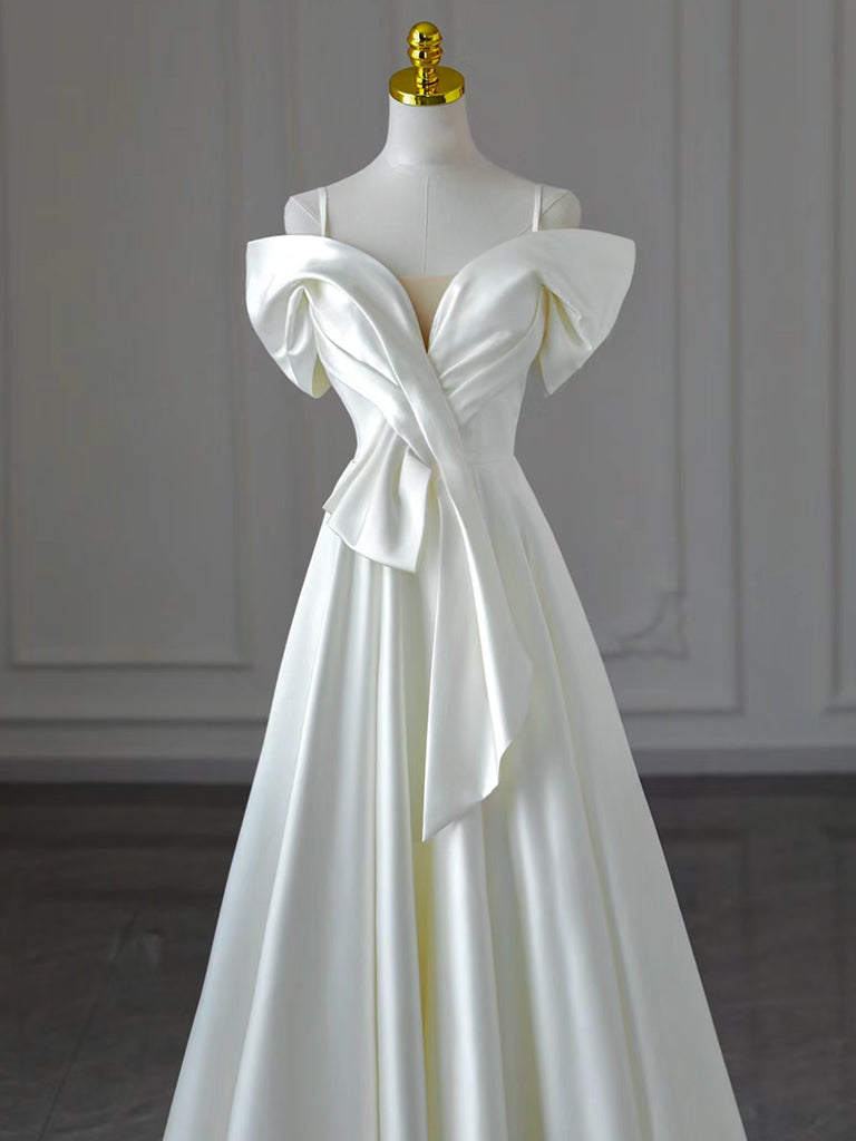 A-Line Off Shoulder Satin White Long Prom Dress, White Long Formal Dre