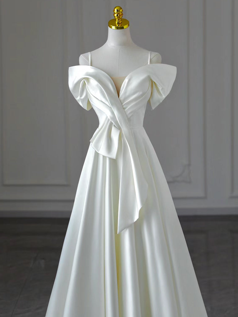 A-Line Off Shoulder Satin White Long Prom Dress, White Long Formal Dress