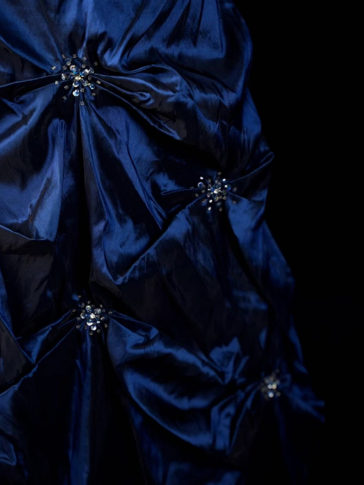 A-line Taffeta Dark Blue Satin Ruched Long Prom Dress with Beaded