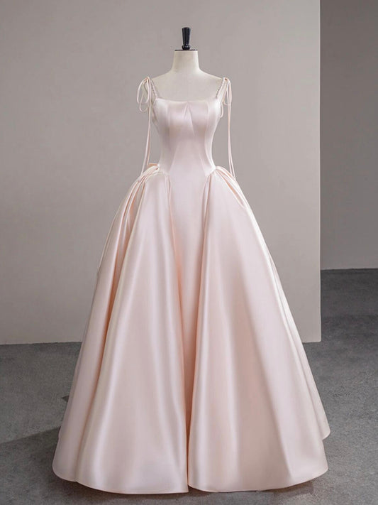 A-Line Satin Champagne Pink Long Prom Dress, Champagne Pink Formal Dress