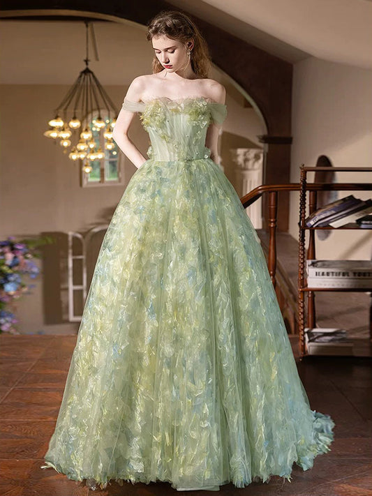 A-Line Tulle Lace Green Long Prom Dress, Green Long Formal Dress