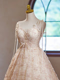 A-Line V Neck Tulle Lace Short Prom Dress, Champagne Homecoming Dress