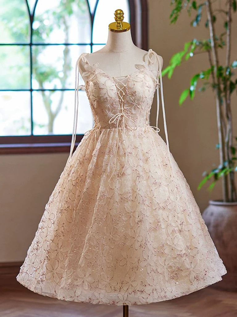 A-Line V Neck Tulle Lace Short Prom Dress, Champagne Homecoming Dress