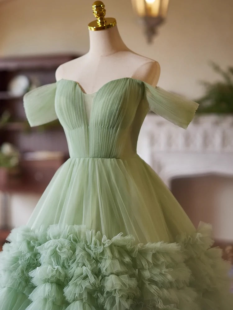 A-Line Off Shoulder Tulle Green Long Prom Dress, Green Long Sweet 16 Dress