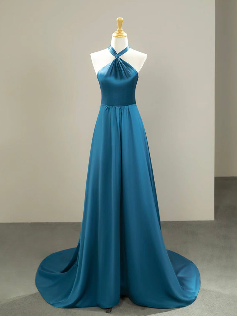 Simple Satin Blue Long Prom Dress, Blue Long Formal Dress