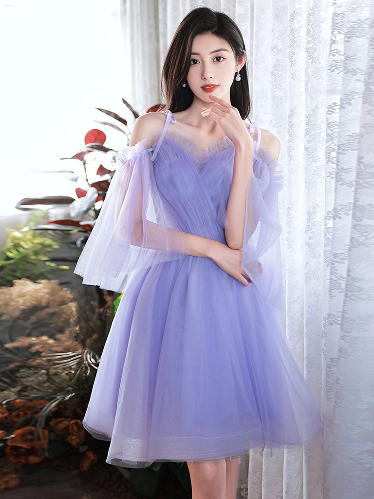 A-Line V Neck Tulle Purple Short Prom Dress, Purple Homecoming Dress