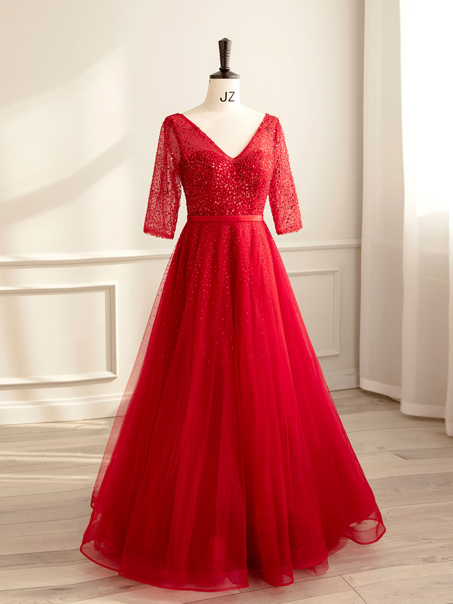 Red A-Line Tulle Sequin Long Prom Dress, Red Formal Dress