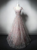 A-Line Tulle Lace Pink Long Prom Dress, Pink Long Formal Dress