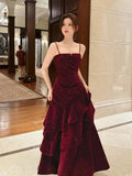A-Line Floor Length Velvet Ruffles Burgundy Prom Dress