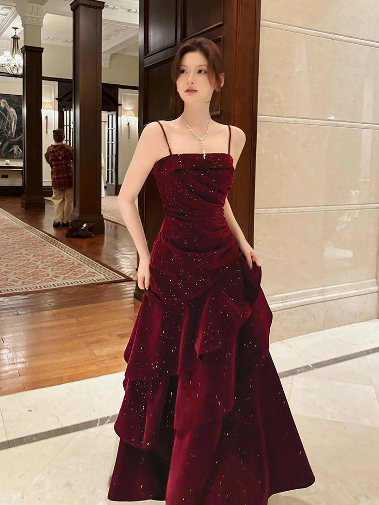 A-Line Floor Length Velvet Ruffles Burgundy Prom Dress