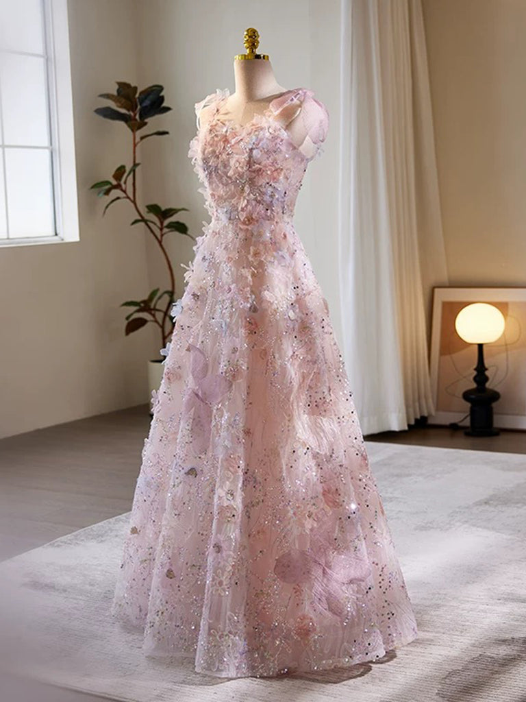 A-Line Tulle Lace Pink Long Prom Dress, Pink Long Evening Dress