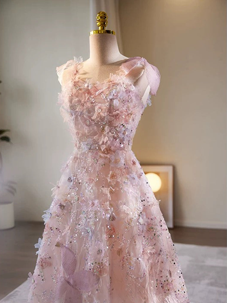 A-Line Tulle Lace Pink Long Prom Dress, Pink Long Evening Dress