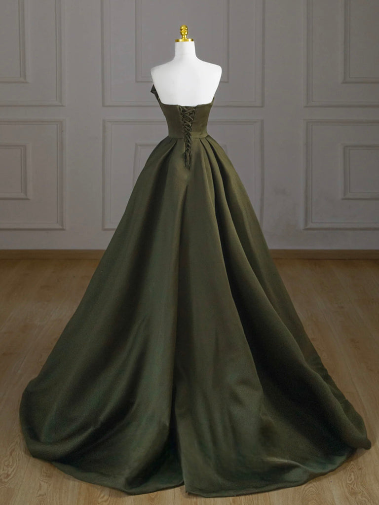 A-Line V Neck Satin Green Long Prom Dress, Green Long Evening Dress