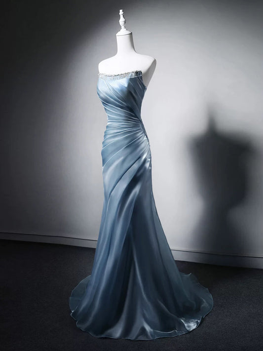 Mermaid Sweetheart Neck Sweep Train Blue Prom Dress with Beads