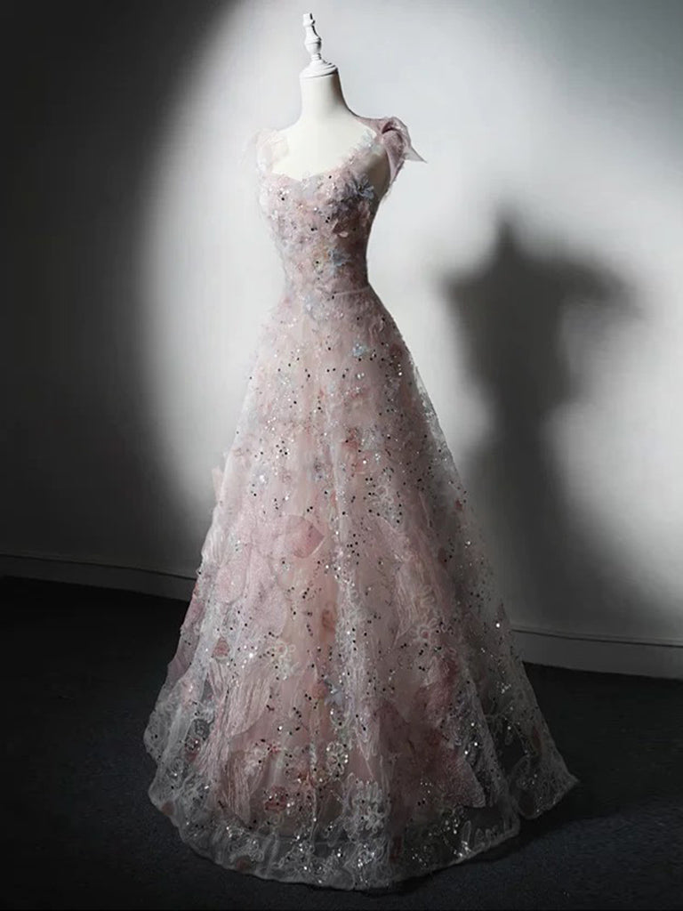 A-Line Tulle Lace Pink Long Prom Dress, Pink Long Formal Dress