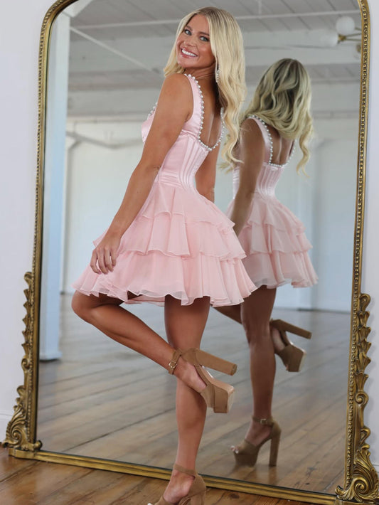 A-line Satin Chiffon Pink Short Homecoming Dress with Beads