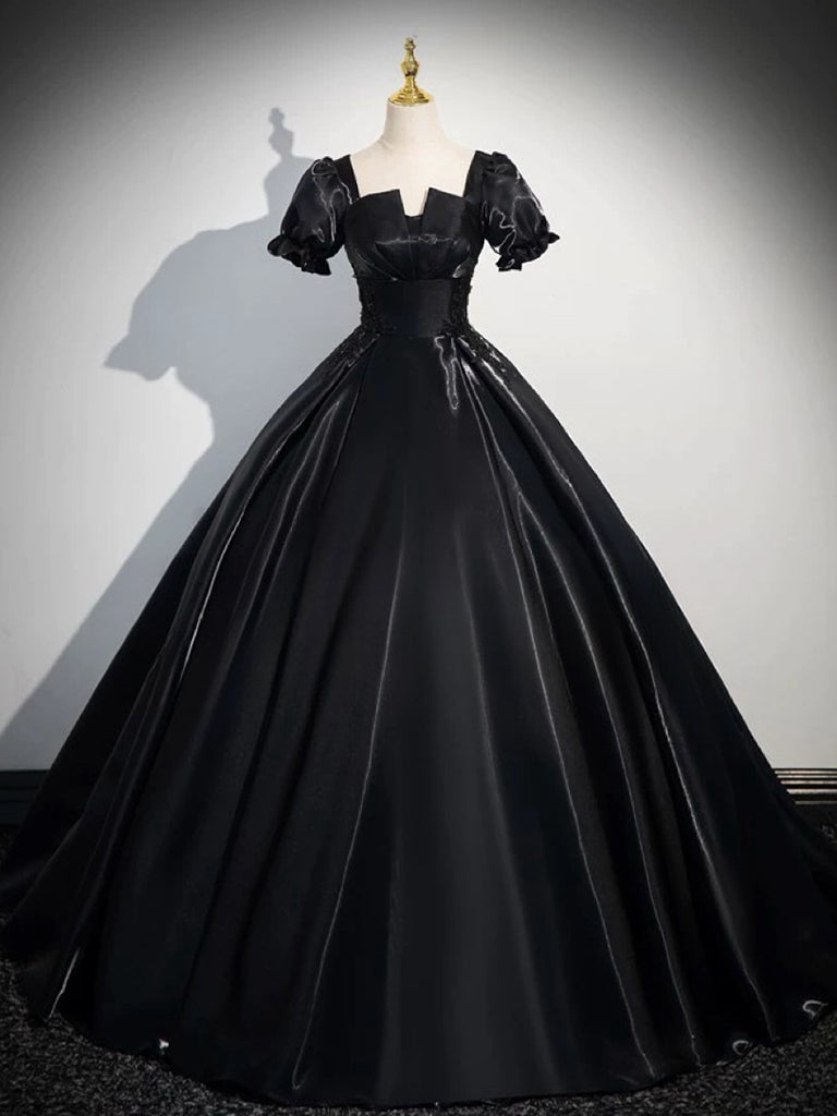 A-Line Short sleeve Satin Black Long Prom Dress, Black Long Evening Dress