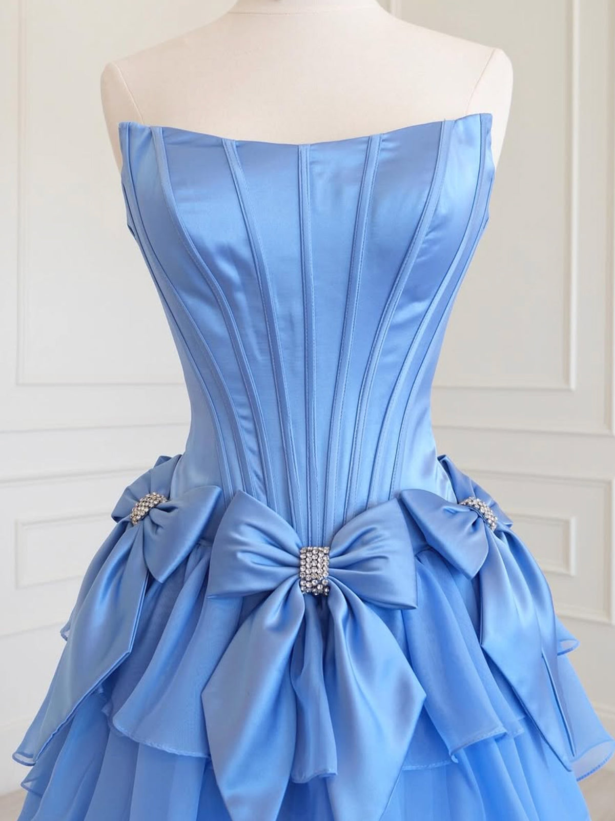 A-line Satin Chiffon Ruffles Blue Long Prom Dress with Bow