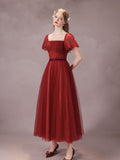A-Line Burgundy Tulle Tea Length Prom Dress, Burgundy Formal Dress