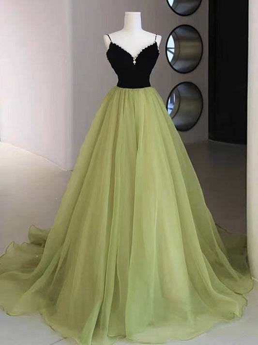 A-Line V Neck Green Tulle Long Prom Dress, Green Formal Dress