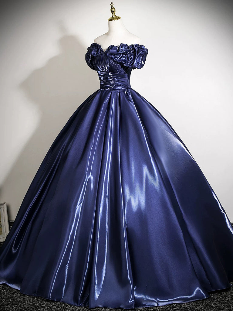 A-Line Off Shoulder Satin Dark Blue Long Prom Dress, Dark Blue Long Formal Dress