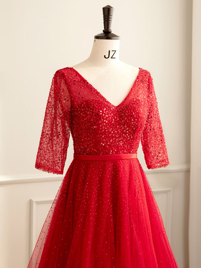 Red A-Line Tulle Sequin Long Prom Dress, Red Formal Dress dresstby Red A-Line Tulle Sequin Long Prom Dress, Red Formal Dress dresstby