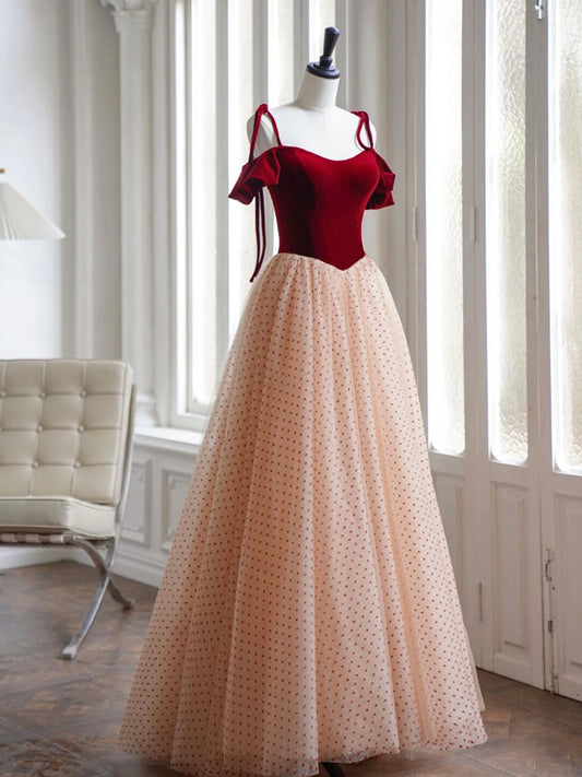A-Line Burgundy Velvet Tulle Long Prom Dress, Burgundy Long Formal Dress