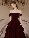 A-Line Off Shoulder Velvet Burgundy Long Prom Dress, Burgundy Long Formal Dress