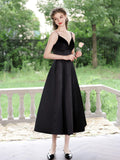 A-Line V  Neck Tea Length Satin Black Prom Dress, Black Formal Dress