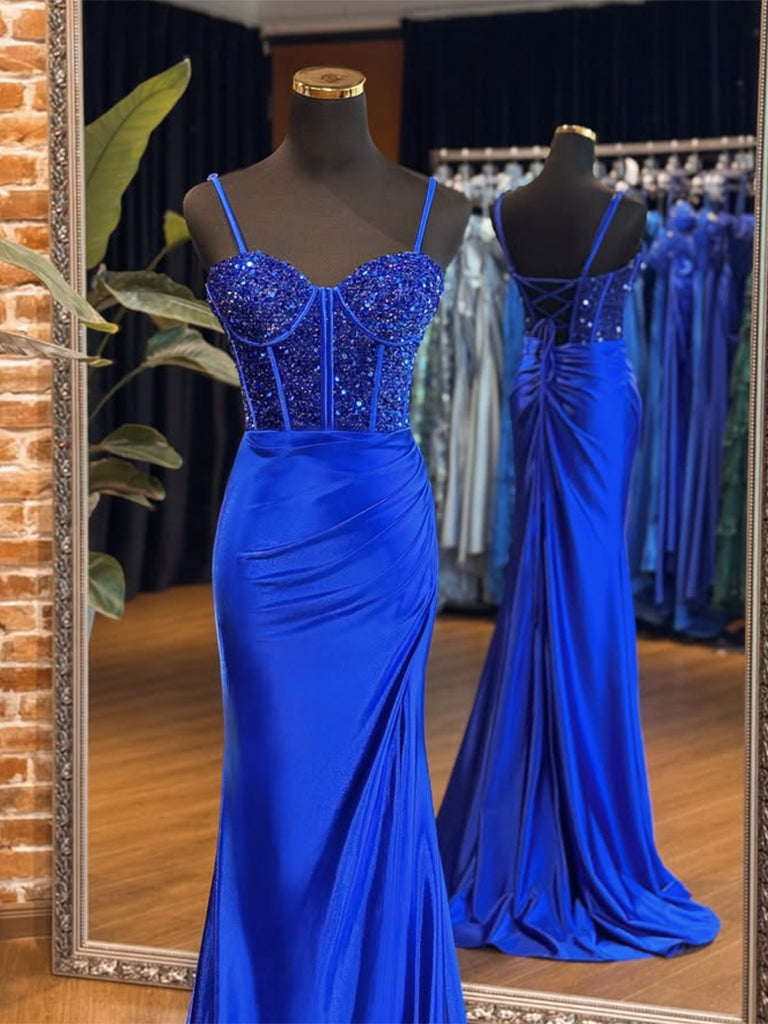 A-Line Sweetheart Neck Tulle Sequin Blue Long Prom Dress, Blue Long Fo