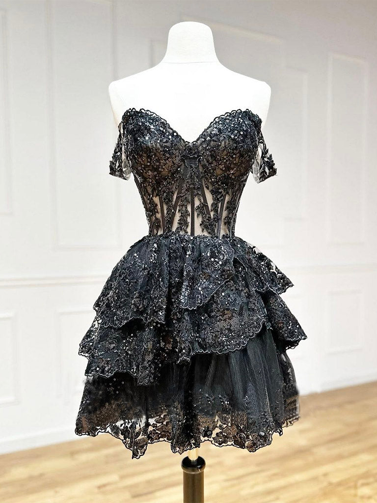 A-Line Tulle Sequin Black Short Prom Dress, Black Homecoming Dress