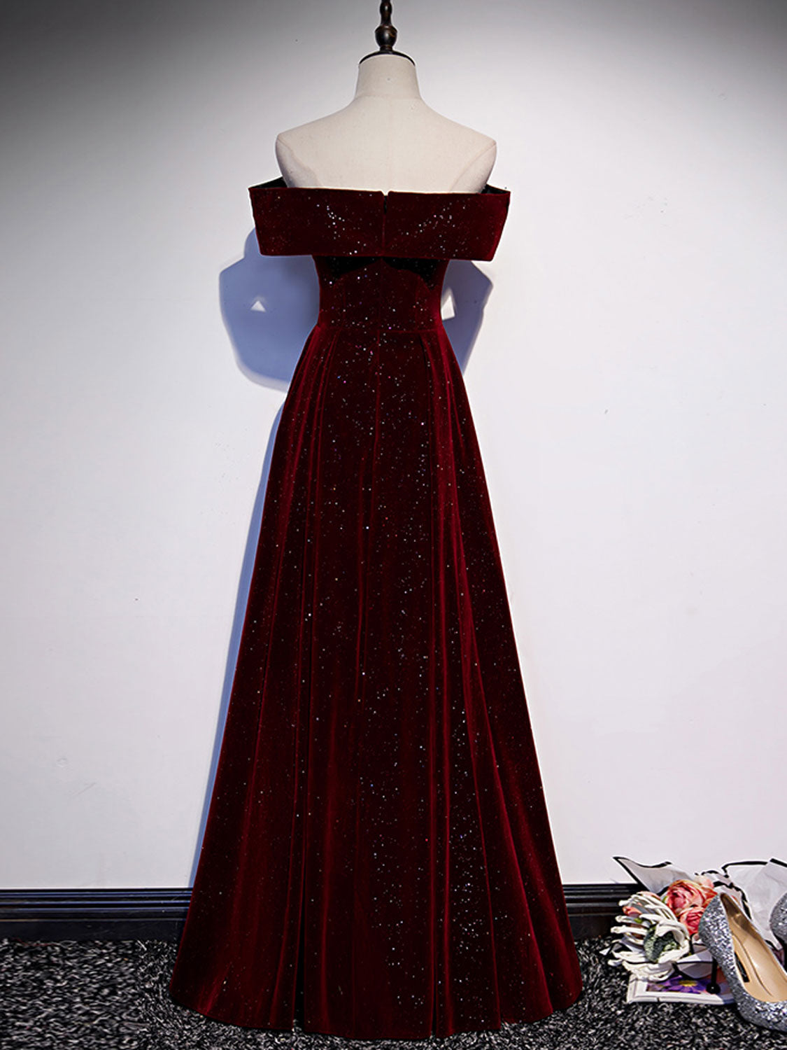 A-Line Off Shoulder V Neck Velvet Burgundy Long Prom Dress, Burgundy Long Formal Dress