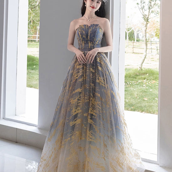 A-Line Tulle Sequin Blue/Gold Long Prom Dress, Blue/Gold Long Formal Dress
