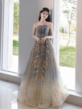 A-Line Tulle Sequin Blue/Gold Long Prom Dress, Blue/Gold Long Formal Dress