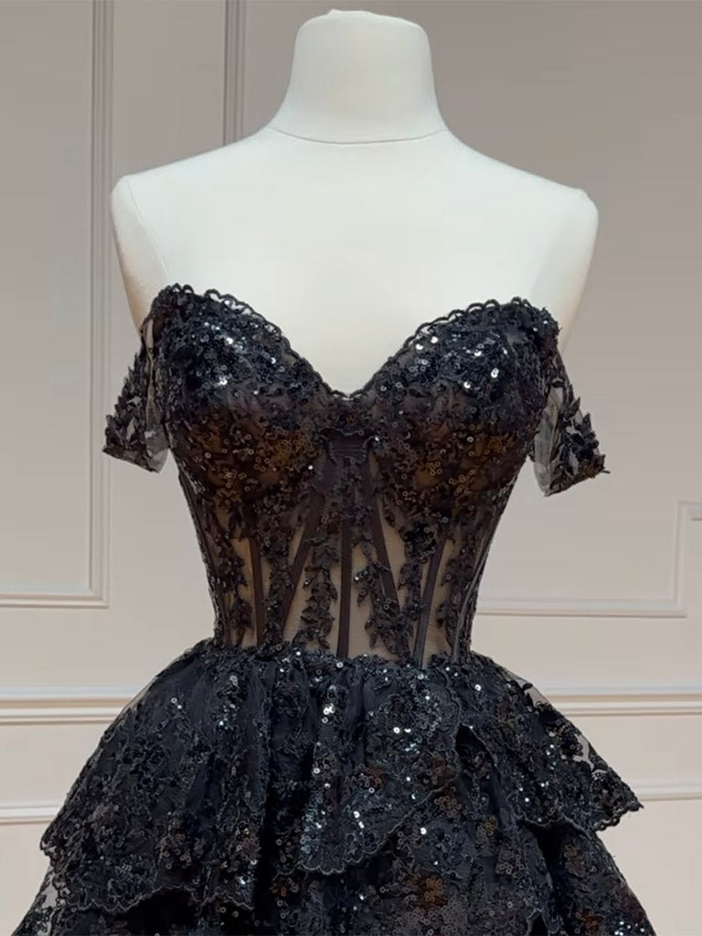 A-Line Tulle Sequin Black Short Prom Dress, Black Homecoming Dress