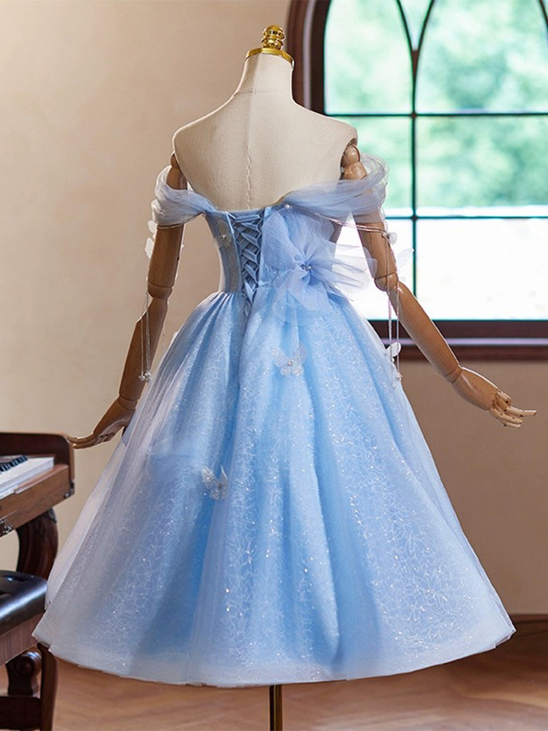 A-Line Sweetheart Neck Tulle Blue Short Prom Dress, Blue Homecoming Dress