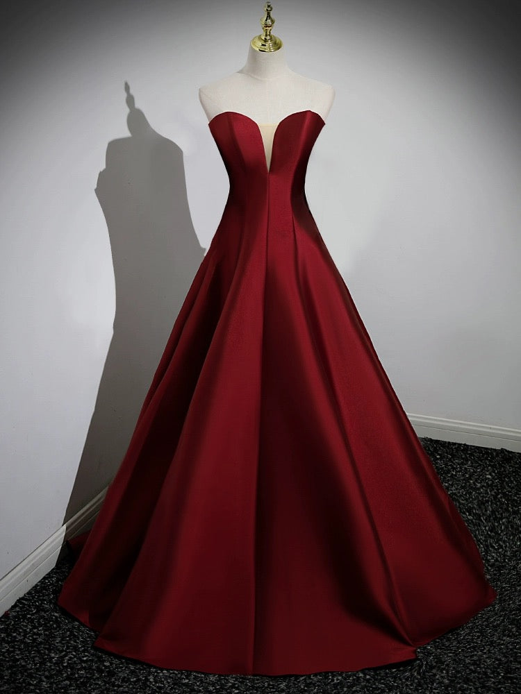 A-Line Puff Sleeves Satin Burgundy Long Prom Dress, Burgundy Long Formal Dress