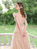 A-Line Tulle Lace Tea Length Pink Prom Dress, Pink Long Formal Dress