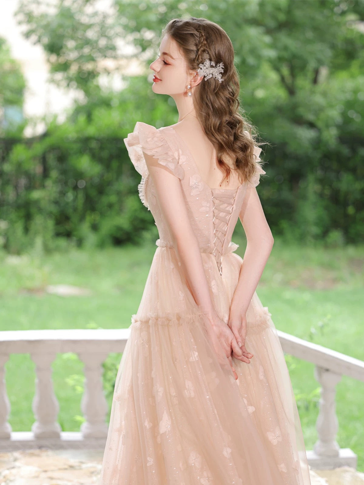 A-Line Tulle Lace Tea Length Pink Prom Dress, Pink Long Formal Dress