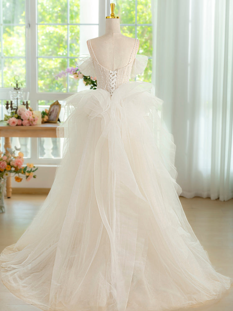 Ball Gown Tulle Lace ivory Long Prom Dress, ivory Long Graduation Dress