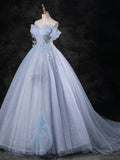 A-Line Sweetheart Neck Off Shoulder Tulle Gray Blue Long Prom Dress, Blue Formal Dress