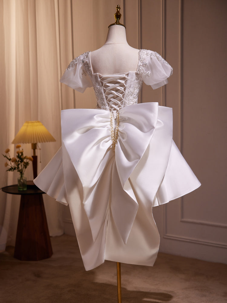 A-Line Puff Sleeves Satin White Short Prom Dress, White Cocktail Dress