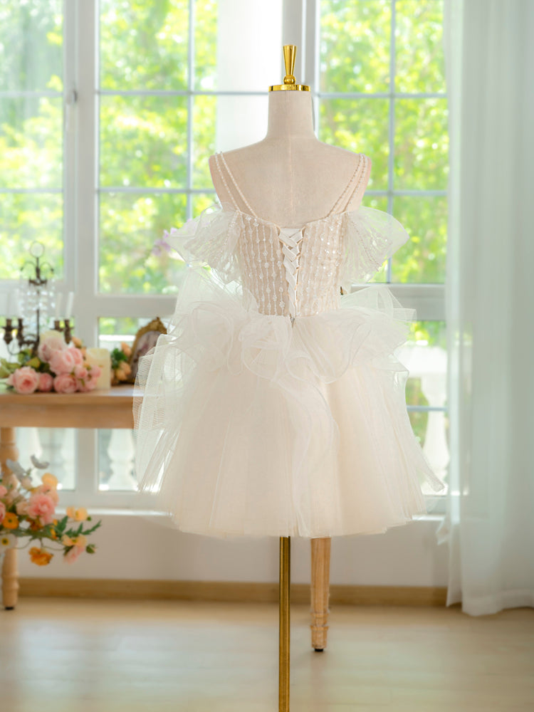 ivory Tulle Lace Ball Gown Short Prom Dress, ivory Homecoming Dress