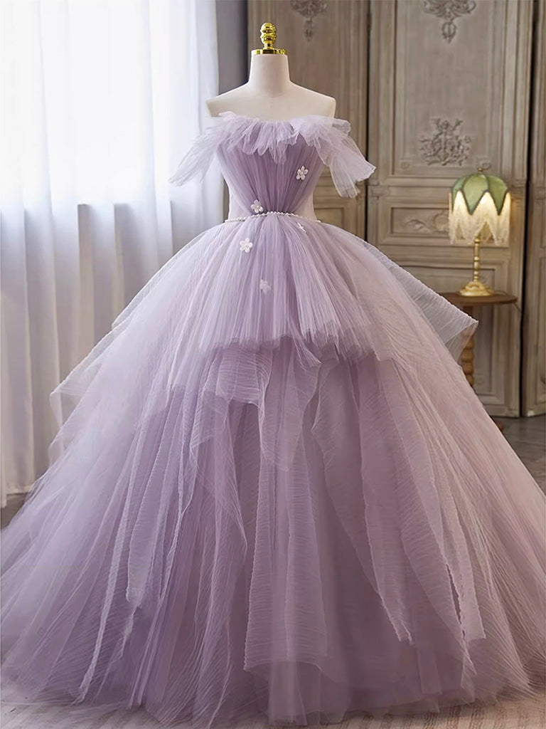 Purple A-line Tulle Long Prom Gown, Purple Long Formal Dress
