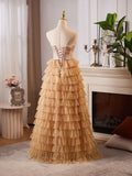 A-Line Tulle Lace Champagne Long Prom Dress With Beads