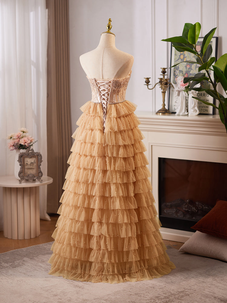 A-Line Tulle Lace Champagne Long Prom Dress With Beads