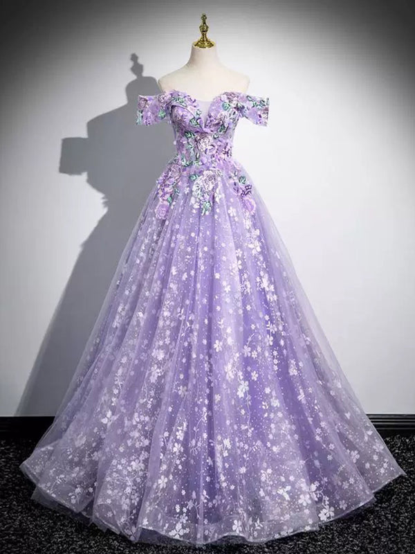 A-Line Off Shoulder Tulle Lace Purple Long Prom Dress, Purple Long Formal Dress