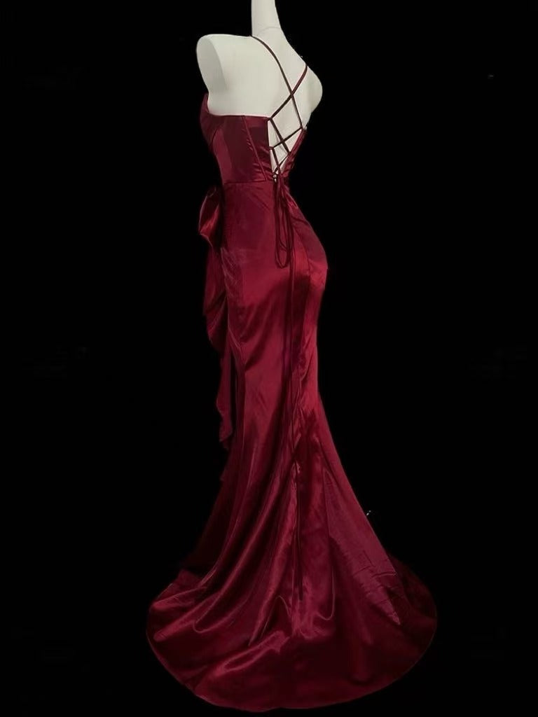 Mermaid Spoon Neck Long Burgundy Prom Dress, Burgundy Party Dress